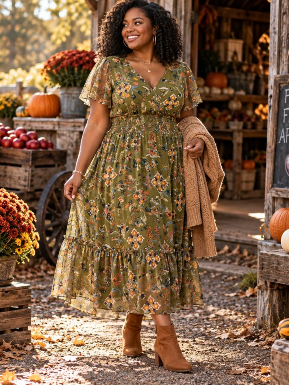 Canyon Creek 2XL Olive Floral Mesh Midi Dress Smocked Boho Fall Flutter Romantic